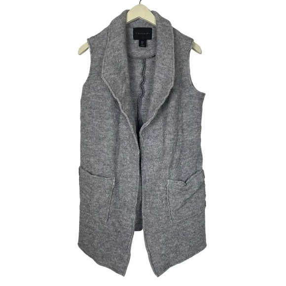 Tahari Felted Wool Vest Sz S Cardigan Long Duster Viscose Shawl Open Front Gray - Picture 1 of 4